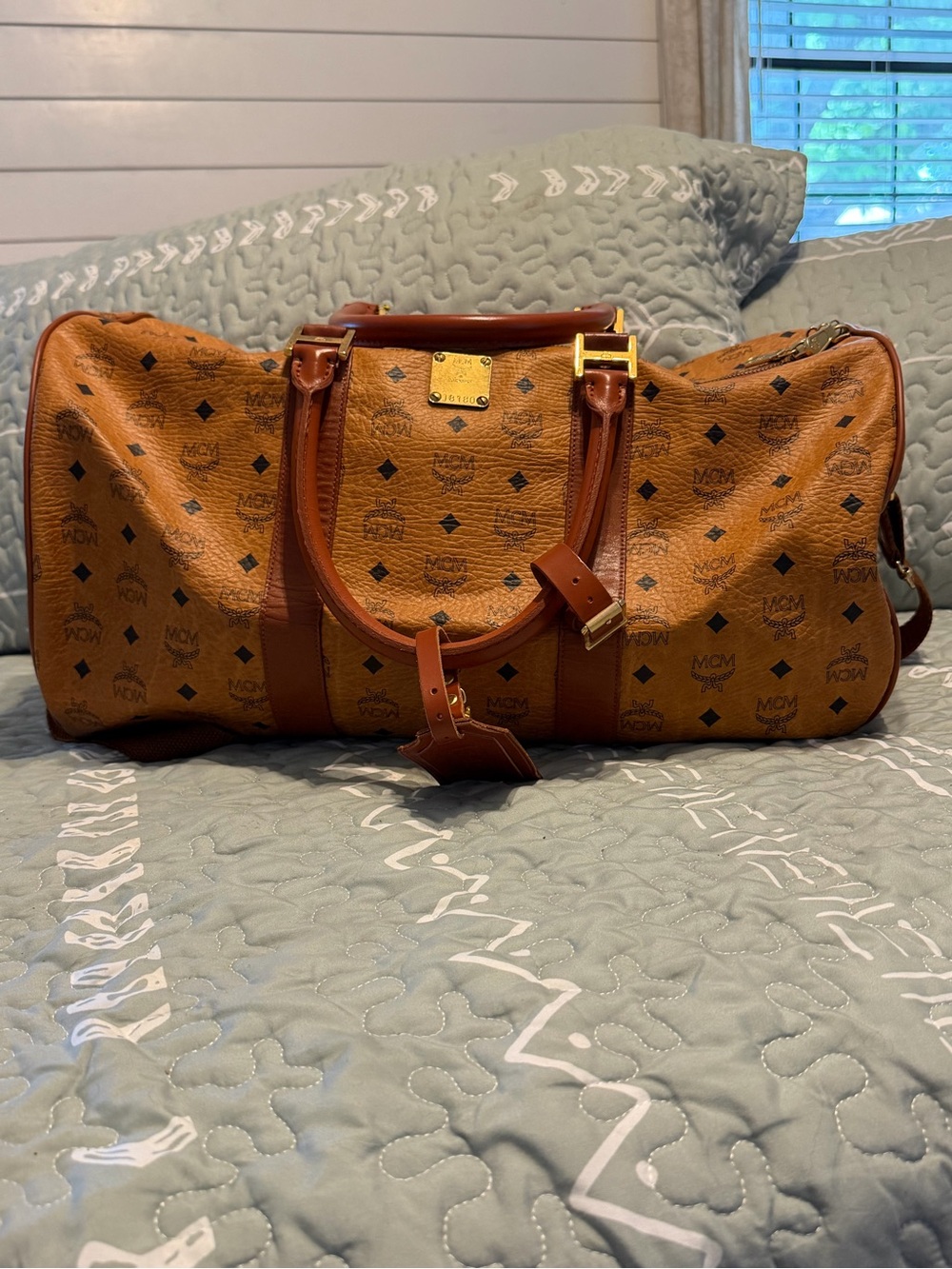 MCM Cognac Logo Visetos Duffel with Gold Hardware